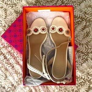 Tory Burch Cream Sandals with Red and Orange Accents